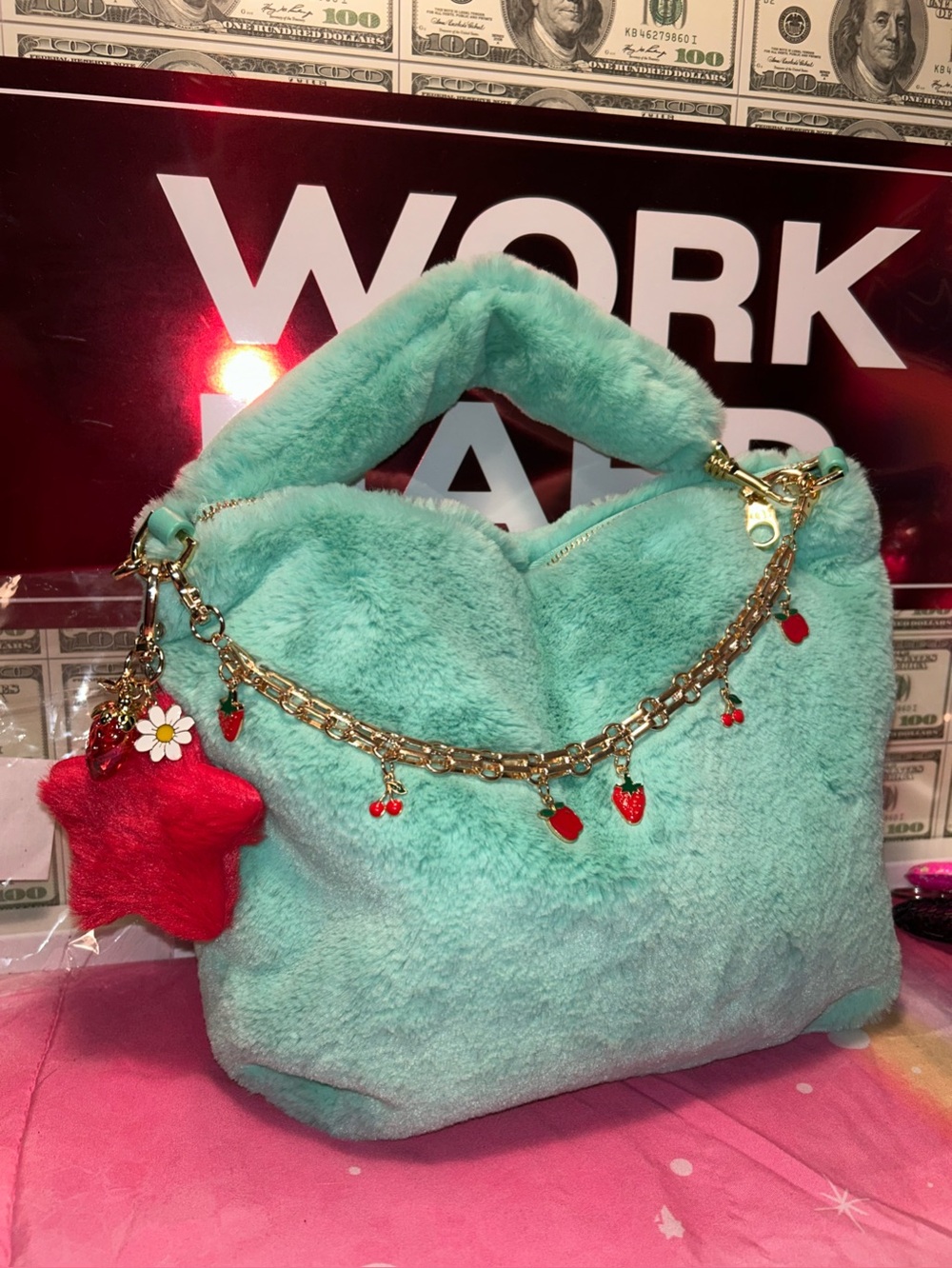 Aqua Plush Faux Fur Shoulder Bag with Gold Charm Chain